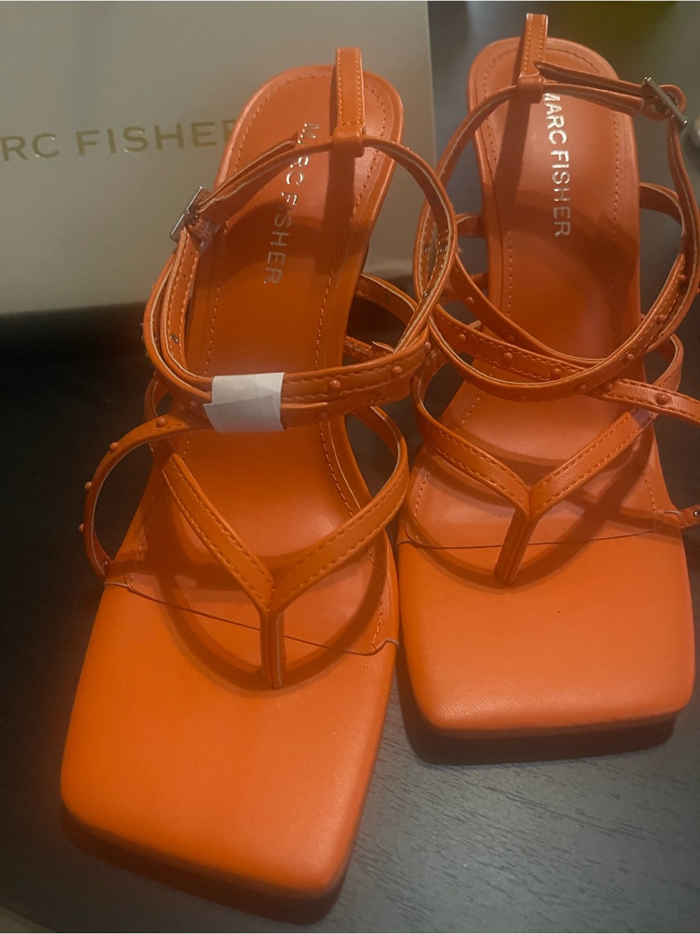 Marc Fisher Bright Orange Strappy Square-Toe Heels - Picture 2 of 3